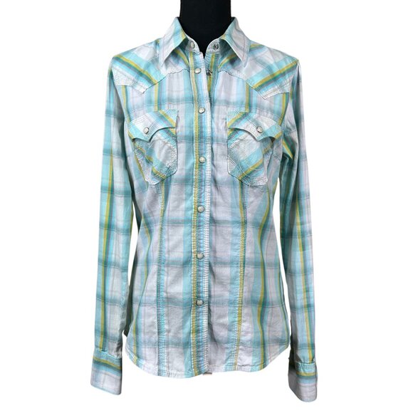 True Religion Turquoise Yellow Cowgirl Western Pearl Front Shirt Blouse Size M - Picture 1 of 9